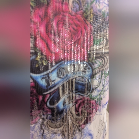 Passion Long Double Sleeve Blouse with Roses, Cross and Sequins Large - Picture 3 of 9